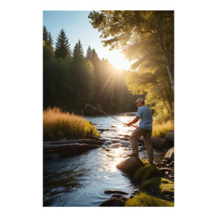 *~* Man Fishing Stream Sol Nature AP AP49 Fototryck