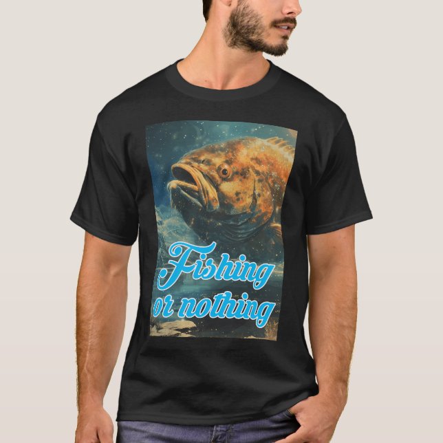 Man fiskar stor fisk, surrealistisk t shirt (Framsida)