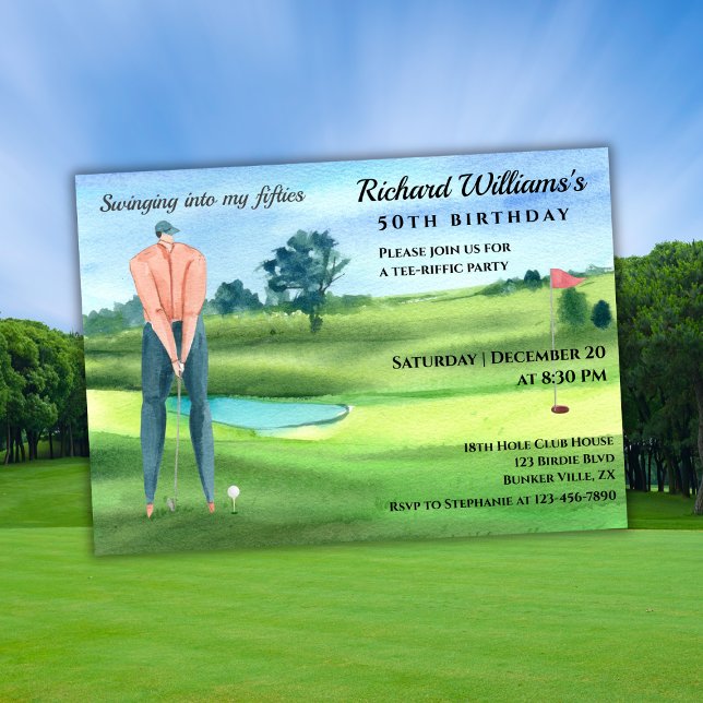 Man Golf Player Swinging Into My 50th Birthday Inbjudningar (Skapare uppladdad)