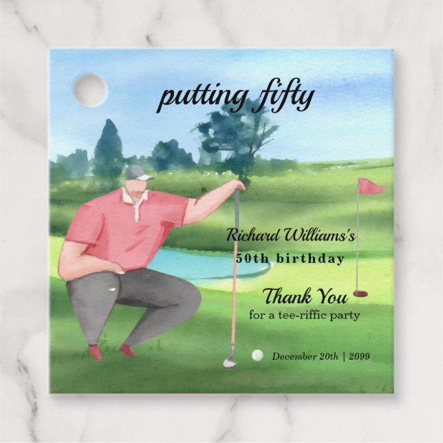 Man Golf Putting Fifty 50-årsdag Gåvor Etiketter (Framsida)