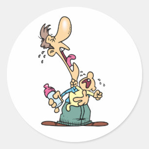Man Holding A Gråtande Baby Stickers Runt Klistermärke