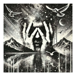 Man Holding Hans Head i Handflatan, Black and Whit Fototryck