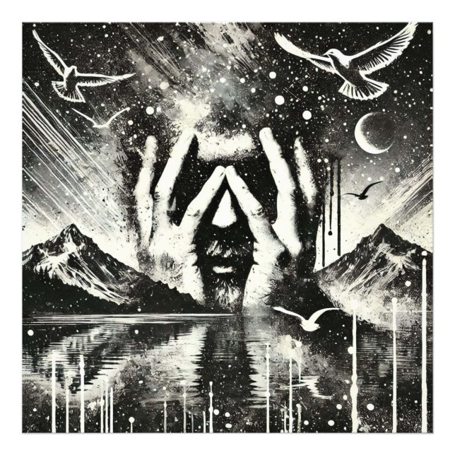 Man Holding Hans Head i Handflatan, Black and Whit Fototryck (Framsidan)