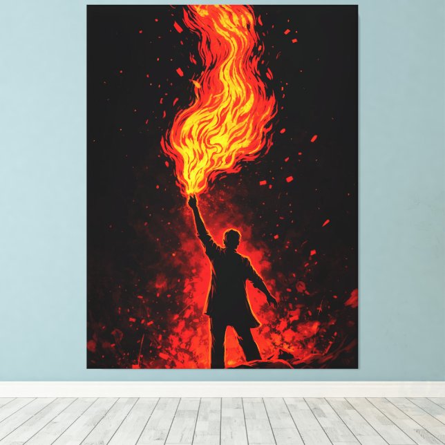 Man Holding Massive Fire Torch Dramatic Silhouette Canvastryck (Insitu (trägolv))
