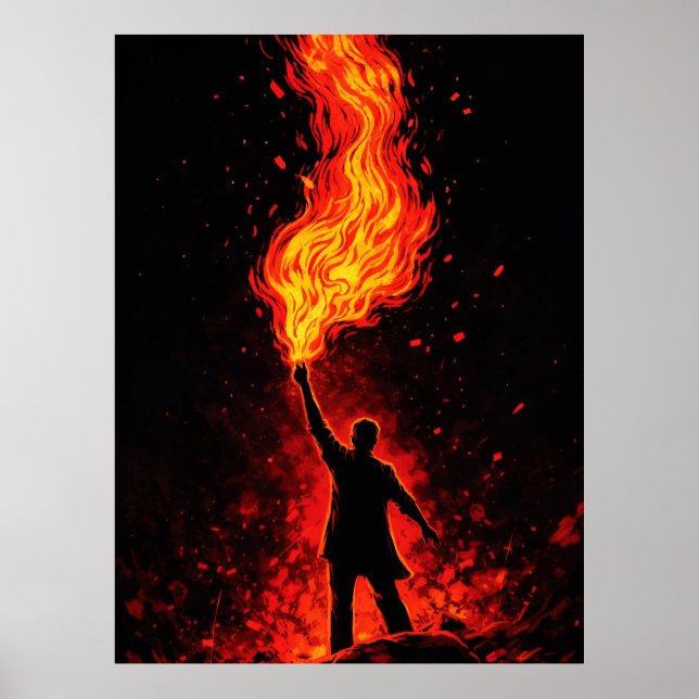 Man Holding Massive Fire Torch Dramatic Silhouette Poster (Framsidan)