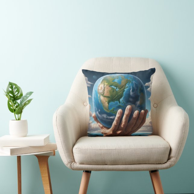 Man Holding Planet Earth Kudde (Stol)