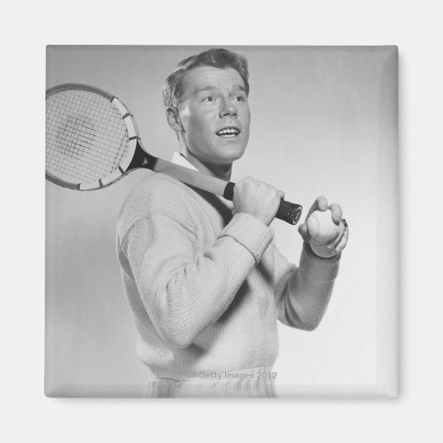 Man Holding Tennis Racket Magnet (Framsidan)