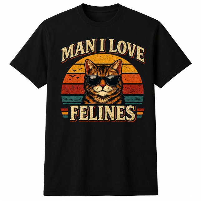 Man I Love Katter Retro Solnedgång Katt Tröja (Black tee with Man I Love Felines retro tabby cat sunset design)