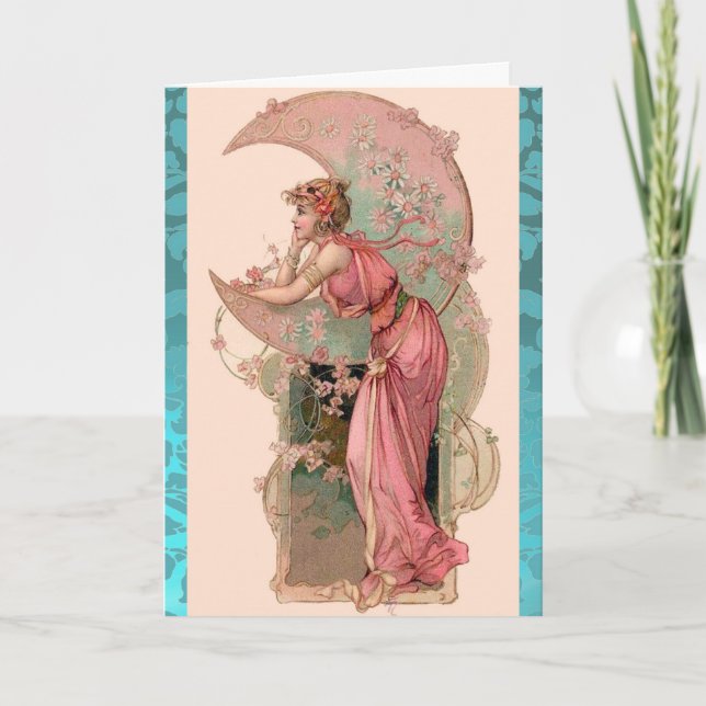 MÅN LADY, BLOMMOR OCH ROSOR, ROSA BLÅ DAMASTIKER KORT (Framsida)