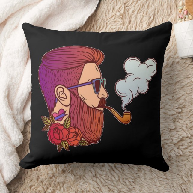 Man med Beard Red Heart Tattoo Pipe Sunglass Kudde (Filt)