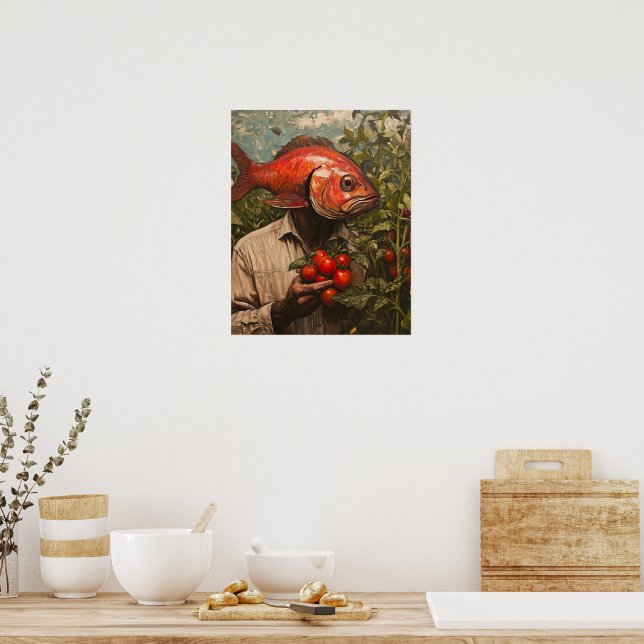 Man med fisk för ett huvud i Tomato Garden Poster (Kök)