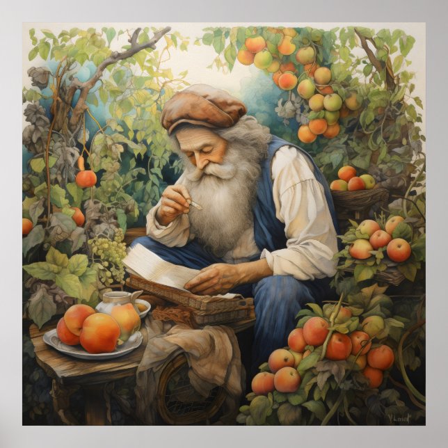 Man med grått-skägg i fruktträdgården poster (Framsidan)