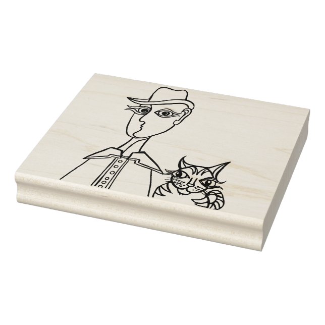 Man med hatt och katt - Träkonst Frimärke Stämpel (Stämpel)