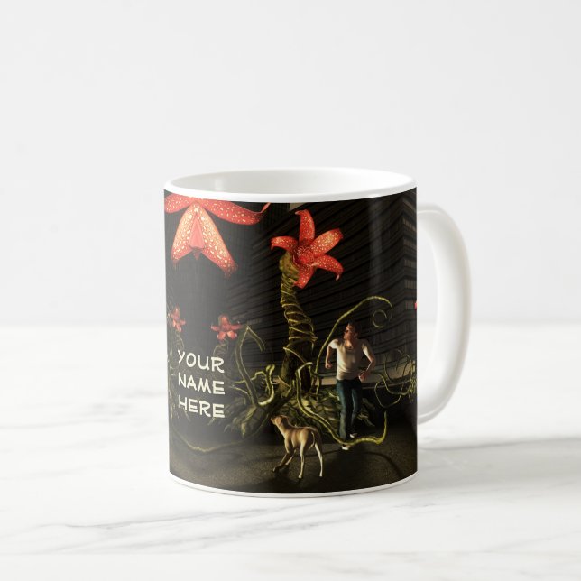Man med hund som rymmer från staden kaffemugg (Framsida höger)