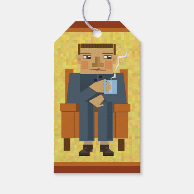 Man med kopp i kaffe presentetikett (Framsidan)