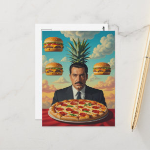 Man Med Pizza och Cheeseburgare i den Surrealistis Vykort