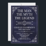 Man Myth Legend Blue Surprise 70th Birthday Photo Inbjudningar<br><div class="desc">Han är mannen, myten! Hans liv har varit en fantastisk och det är dags att fira hans arv och hans arv. Den här texturerade marinblå pappra med vit typ och vitt rullat hörn 70:e födelsedagsinbjudan med hedersgästen på baksidan är perfekt för att bjuda in vänner och familj att gå med...</div>