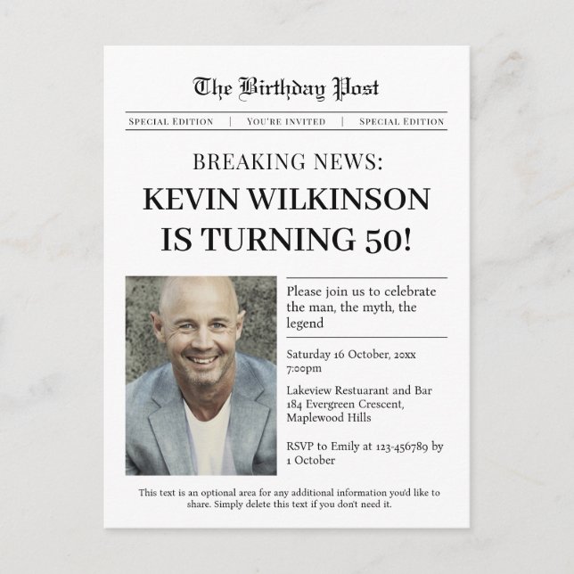 Man, Myth, Legend Newspaper Birthday Investigation Helg Vykort (Framsida)