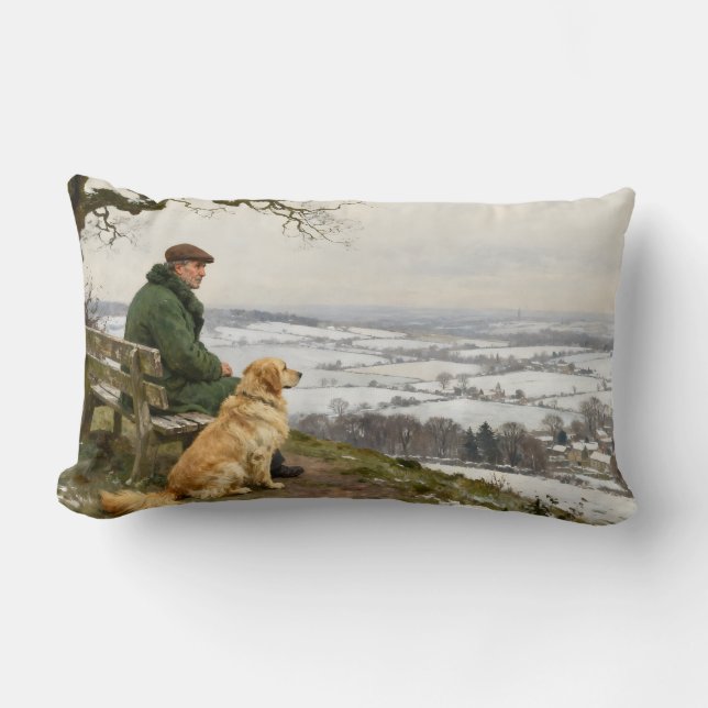 Man och hund njuter av vinterlandskapet lumbarkudde (Framsida)