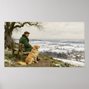 Man och hund njuter av vinterlandskapet poster