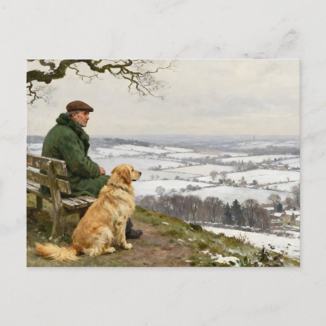 Man och hund njuter av vinterlandskapet vykort (Framsida)