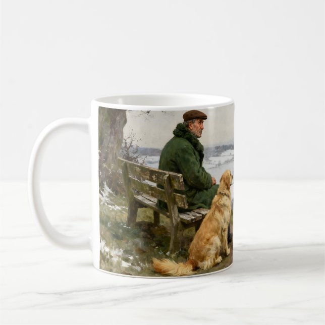 Man och hund njuter av vinterlandskapets vy kaffemugg (Vänster)