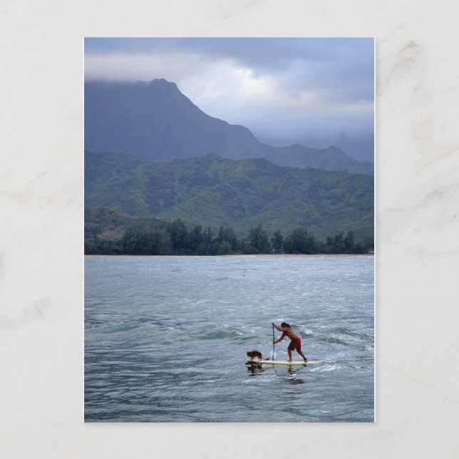 Man och Hund på padleboard i Hanalei Bay Postcard Vykort (Framsida)