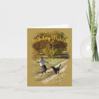 Män och Hund som spelar Frisbee Birthday Card Kort