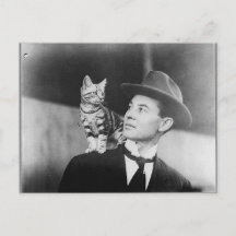 Man och katt svart-vit vykort