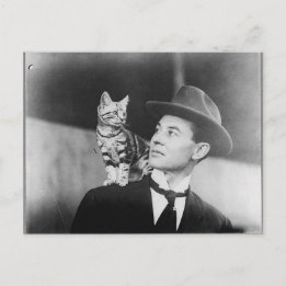 Man och katt svart-vit vykort