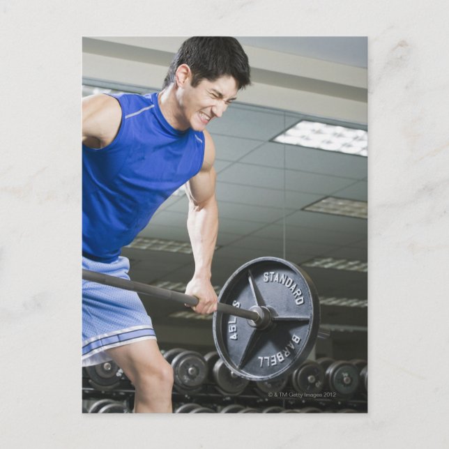 Man på gym, lyft stor barbell, klenande vykort (Framsida)