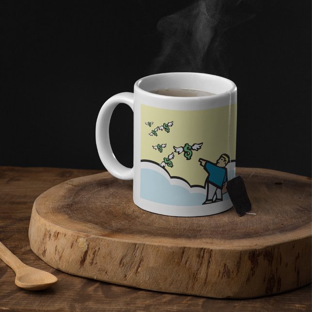 Man pekar på pengar med Vingar Kaffemugg (Skapare uppladdad)