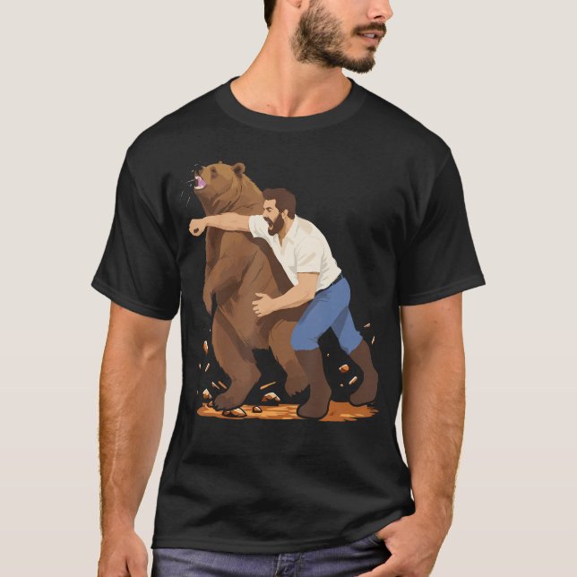 Man Slår Bear Funny Wilderness T Shirt (Framsida)