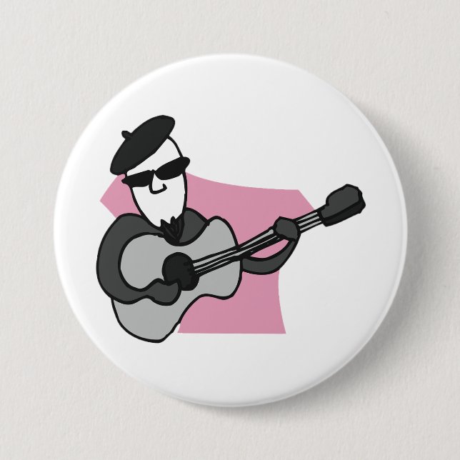 Man som bär beret spelar akustisk gitarr knapp (Framsida)