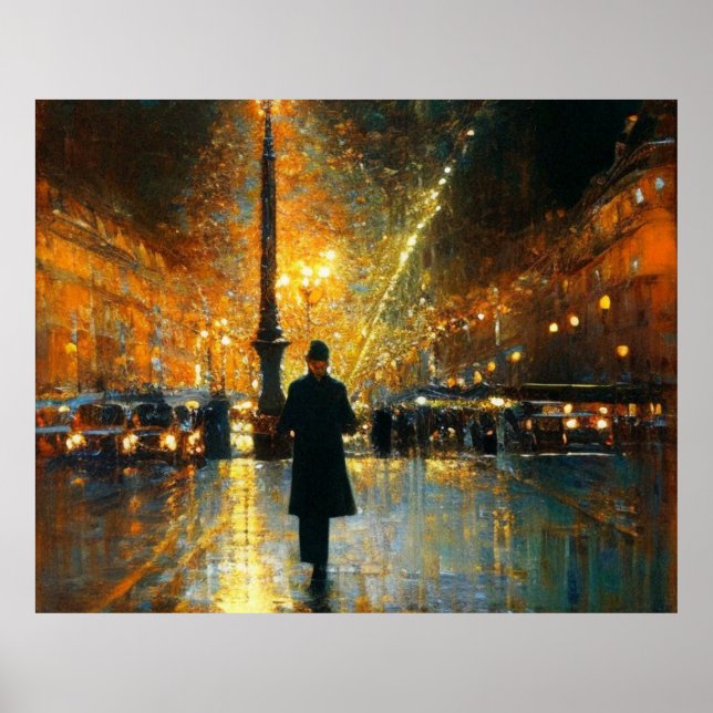 Man som går i en blöt Paris Street Impressionism Poster (Framsidan)