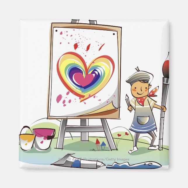 Man som håller en målning och står vid en ål magnet (Framsidan)