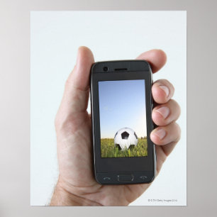 Man som har en mobil mobil poster