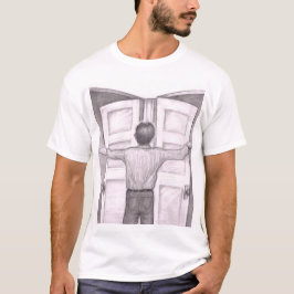 Man som har svårt att bestämma sig för vilken dörr t shirt