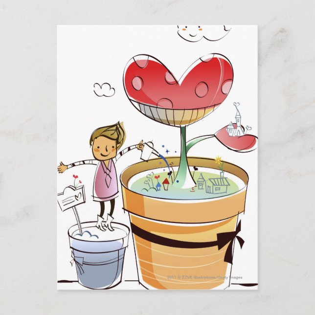 Man som vattnar en krukplanta vykort (Framsida)