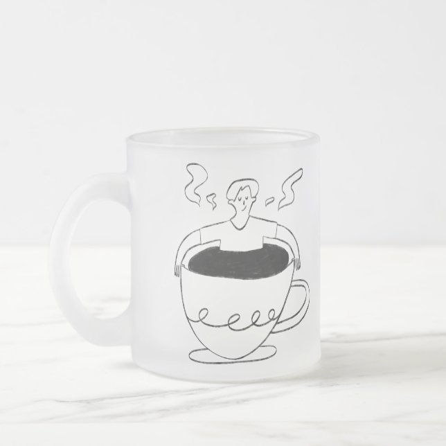 Man submerged in a cup of coffee frostad glasmugg (Vänster)