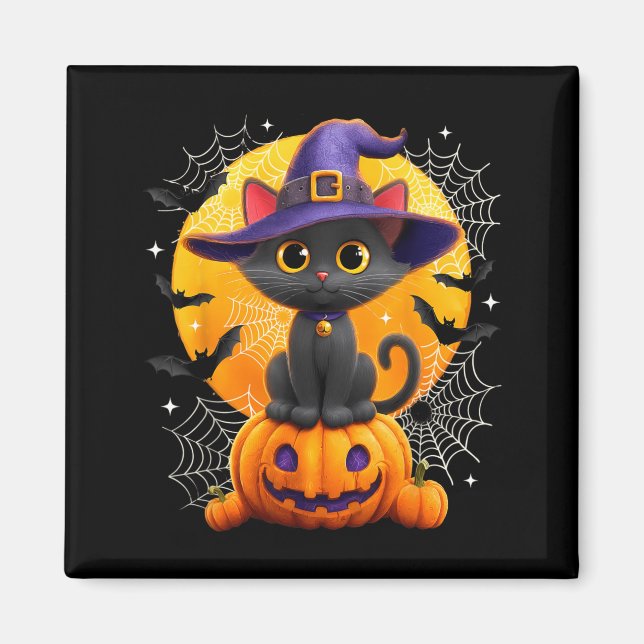 Mån Svart Katt Häxa Pumpa Halloween Kostymer Magnet (Framsidan)