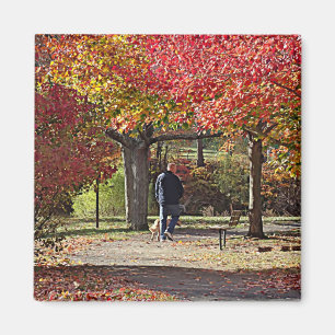 Man Walking Hund in Autumn Park Magnet