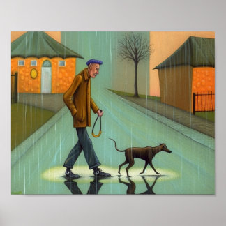 Man Walking Hund in Rain Poster