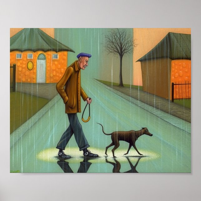 Man Walking Hund in Rain Poster (Framsidan)