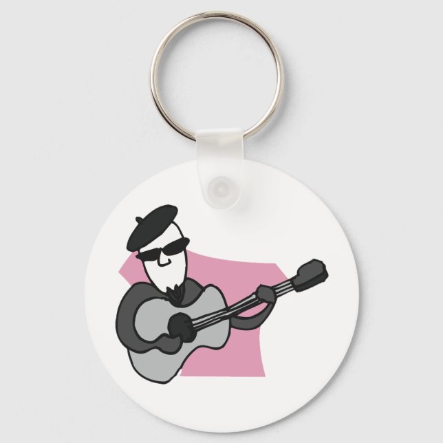 Man Wearing Beret Playing Acoustic Guitar Nyckelring (Framsida)
