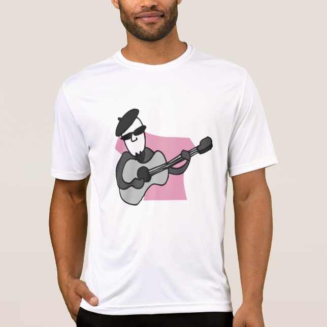 Man Wearing Beret Playing Acoustic Guitar T Shirt (Framsida)