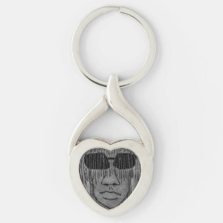 Man with glasses portrait drawing twisted heart silverfärgad nyckelring