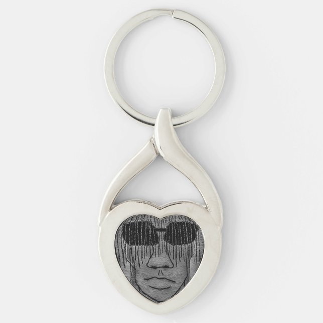 Man with glasses portrait drawing twisted heart silverfärgad nyckelring (Framsidan)