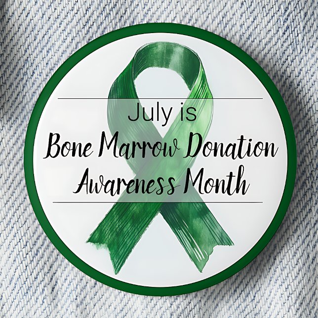 Månad för givarens medvetenhet om benmärgen i juli knapp (July is Bone Marrow Donation Awareness Month pinback button. Green awareness ribbon.)