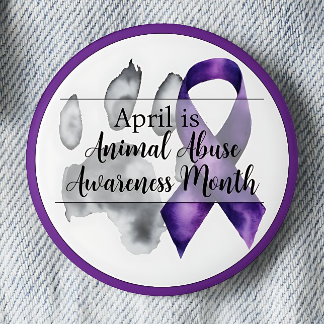Månad för kännedom om djurmisshandel - utskrift av knapp (April is Animal Abuse Awareness Month pinback button.  Paw print with purple awareness ribbon.)